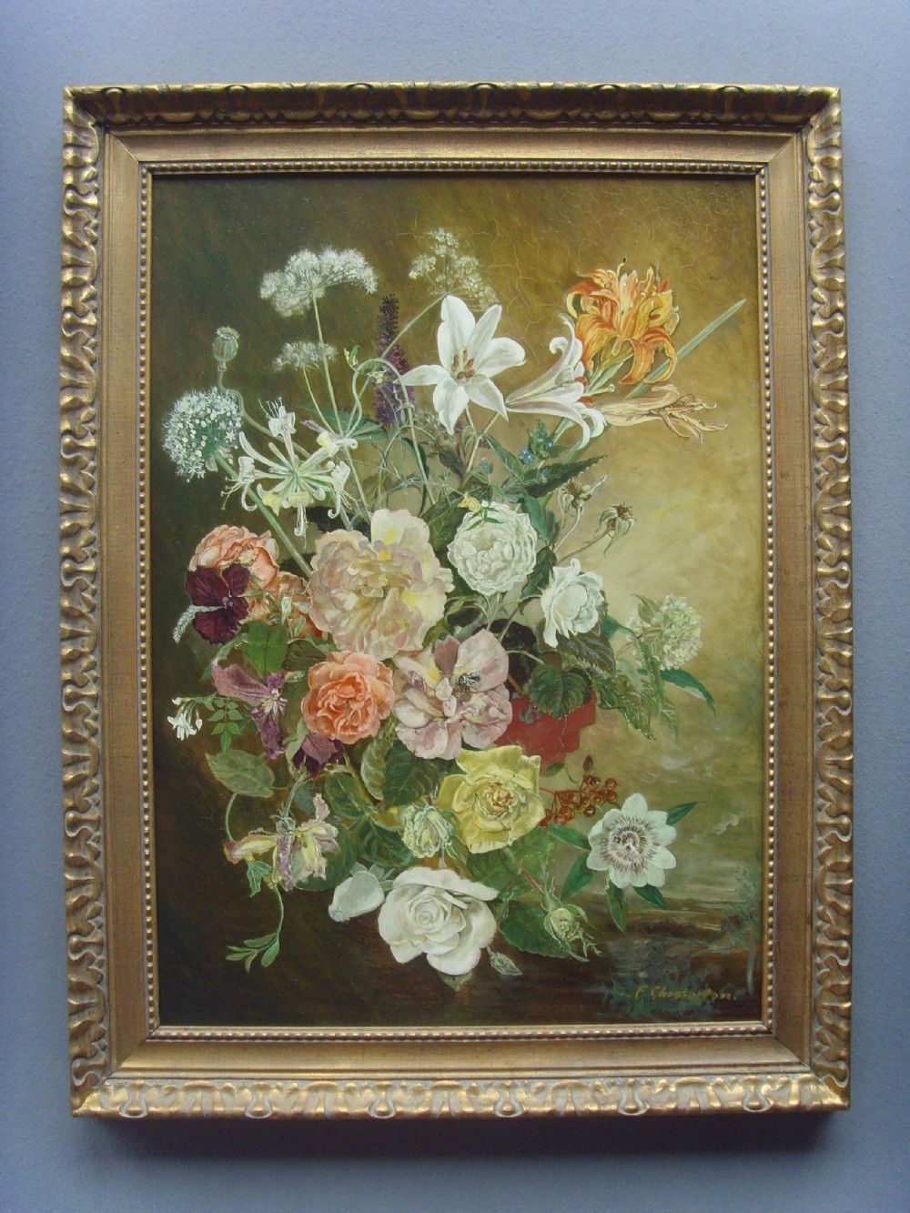 fine still life flower oil painting by chesterton oflillies lavender honeysuckle roses passionflower and poppies approx size 35 x 27 inches