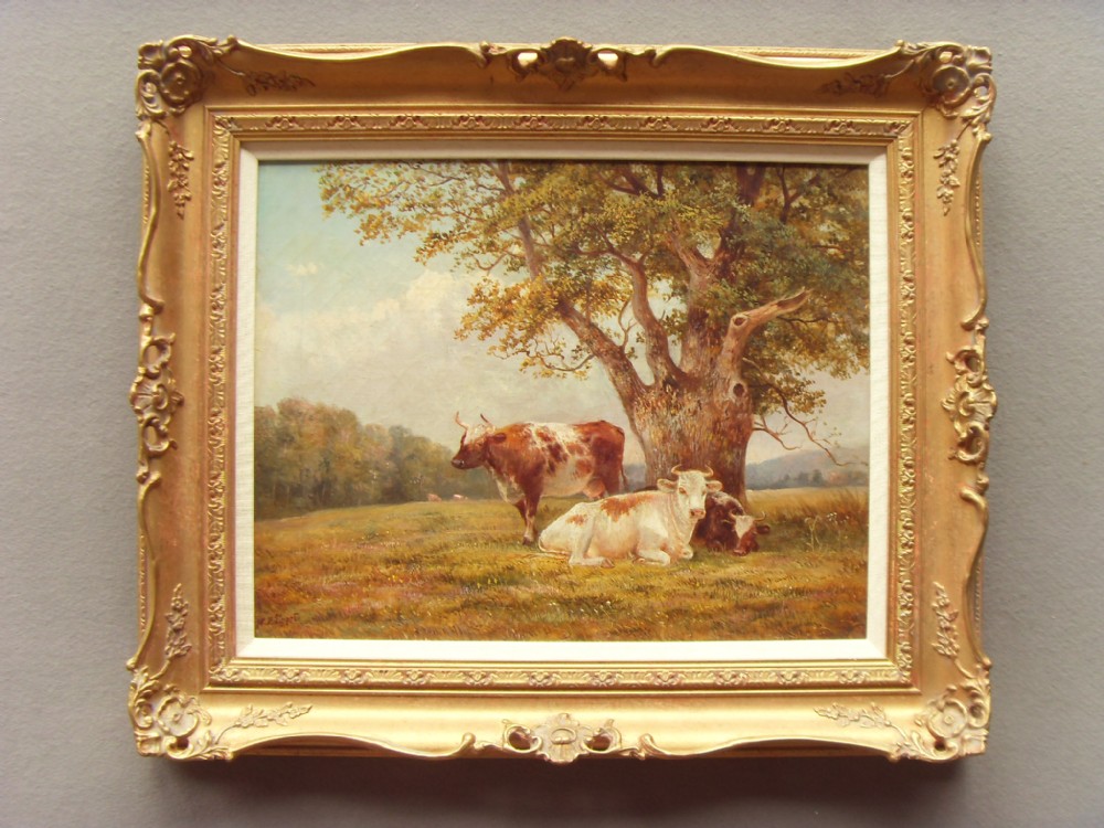 19th century oil painting of cattle resting in a landscape signed by artist tippet 22 x 18 inches