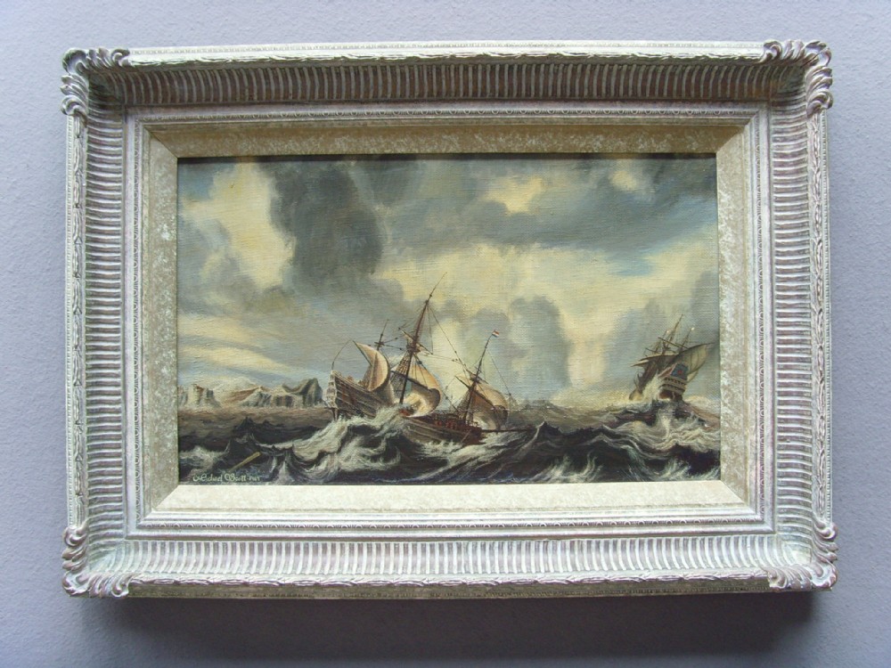 seascape oil painting of vessels in rough seas by artist michael scott presented in a swept frame