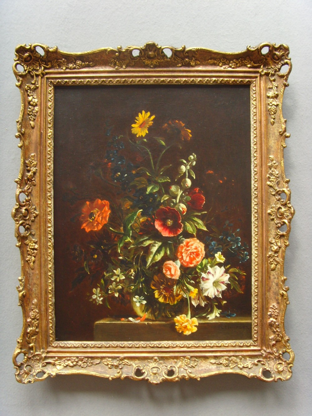 a beautiful still life flower oil painting study in exceptionally decorative gilt frame