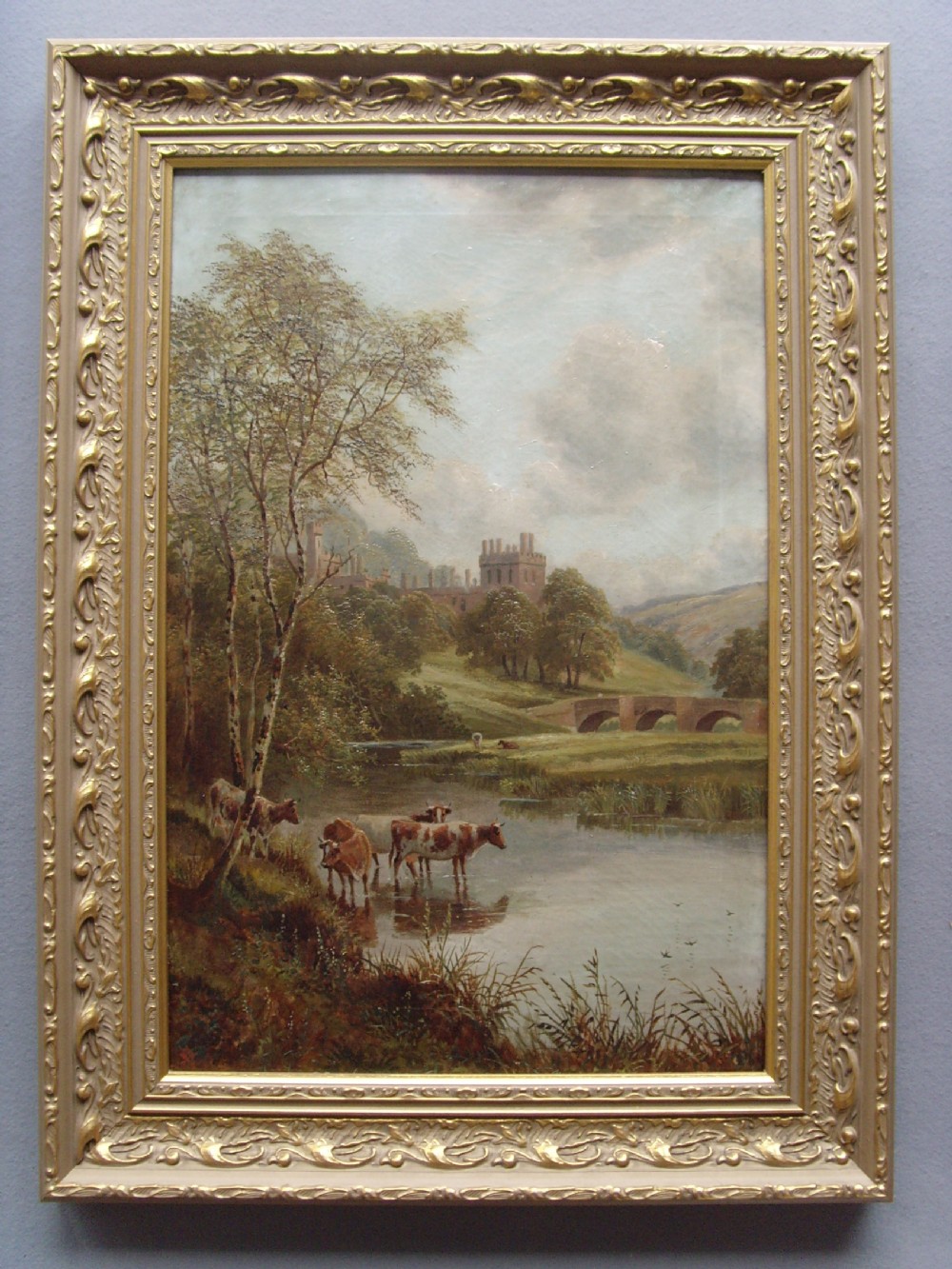 19thc oil painting haddon hall cattle watering river wye below haddon hall derbyshire by artist albert dunington one of a pair offered separately