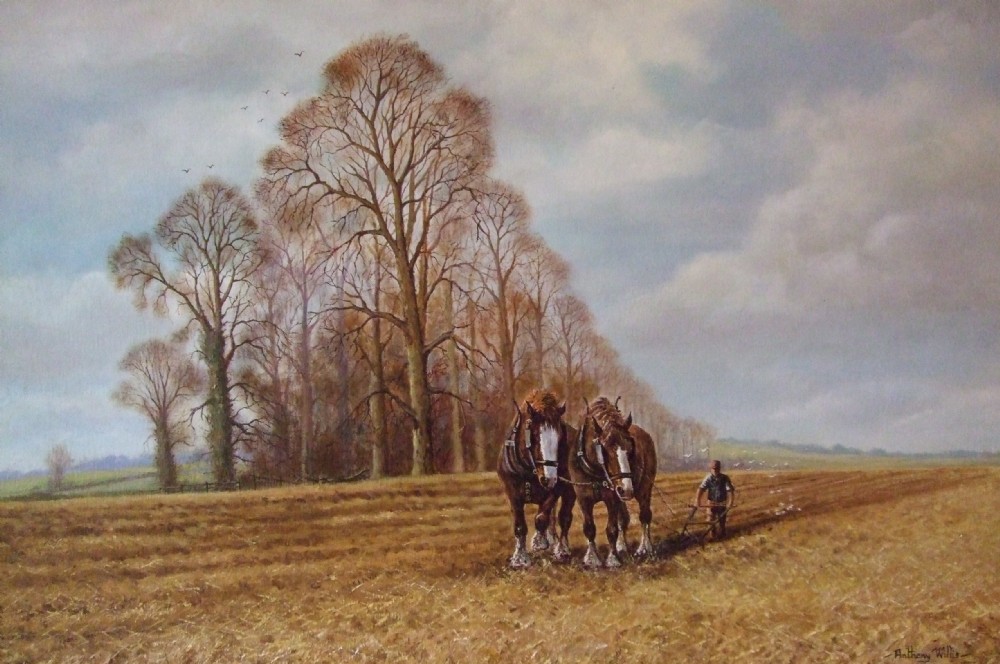 landscape oil painting of shire horses ploughing field