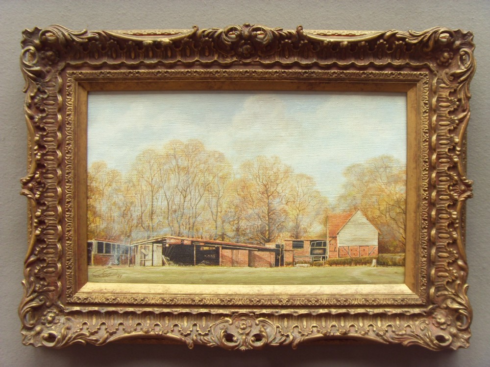 landscape oil painting of farm building by artist michael scott in ornate gallery frame