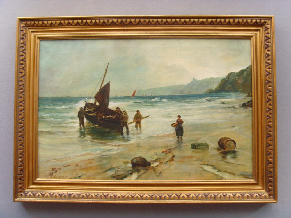 newlyn school seascape oil painting of fishermen cornish coast signed tom seymour 18441904 titled landing the catch