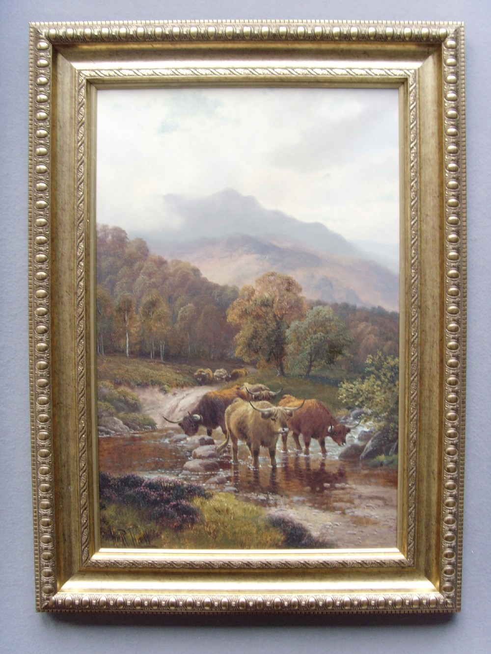 henry robinson hall 18591927 oil painting of highland cattle watering at glen finglas perthshireone of a pair offered separately