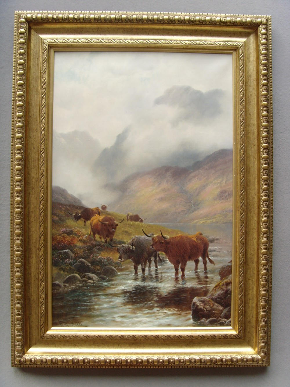 henry robinson hall oil painting of highland cattle watering at loch restill argyllshire one of a pair offered separately