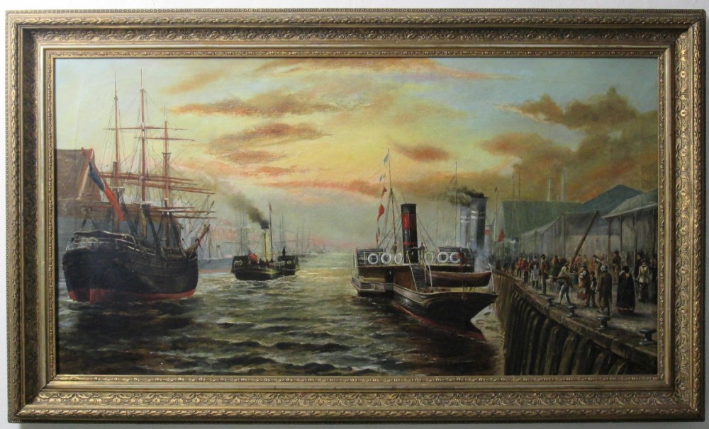 rare oil painting paddle steamer docked quayside passengers boarding 41 x 245 inches