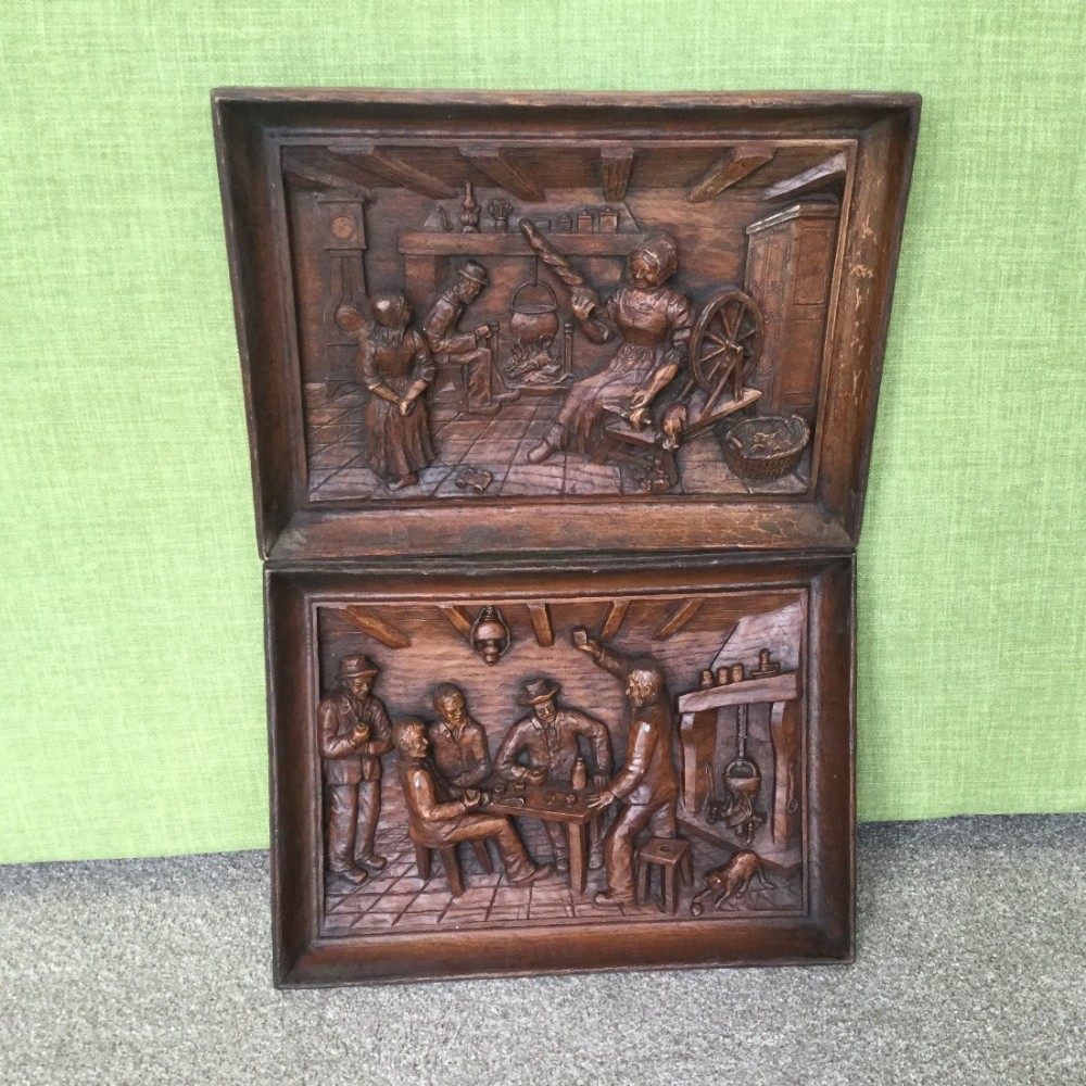 pair 19th century black forest carved wooden plaques
