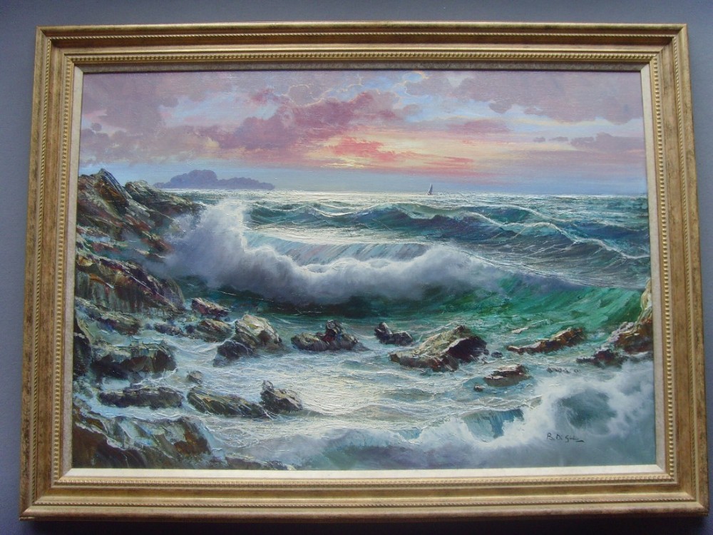 huge seascape oil painting of choppy white water waves hitting shoreline rocks