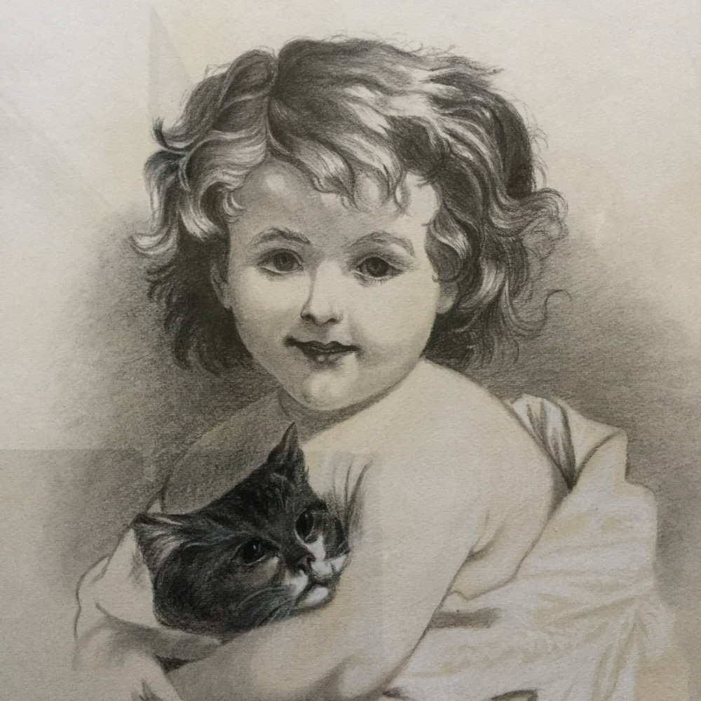 pastel gouache portrait drawing of young girl kitten c1900