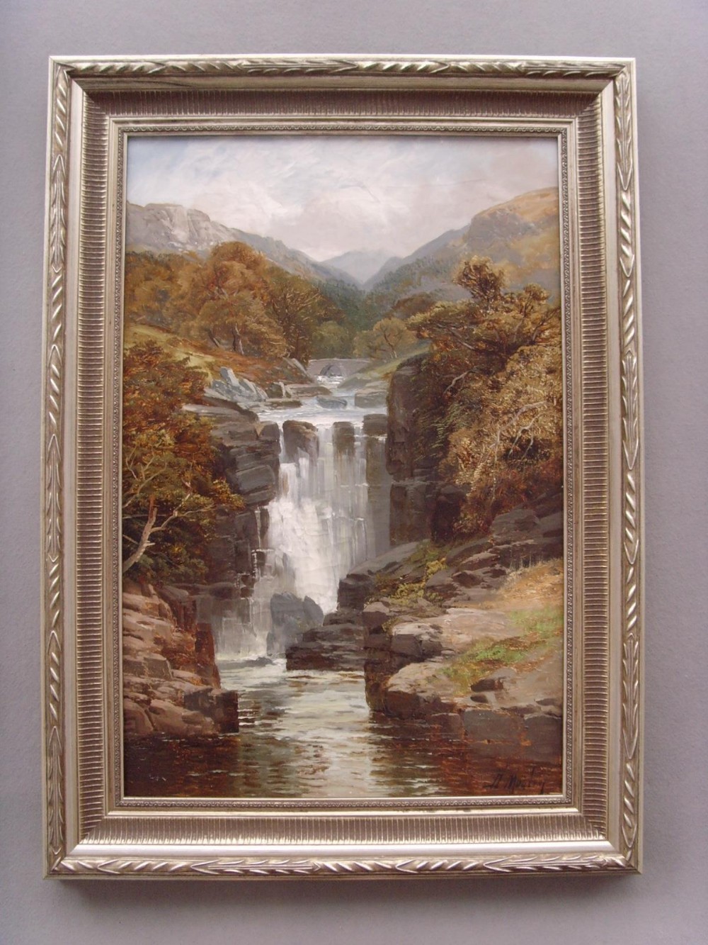19thc river landscape painting of waterfall by david motleylandscape mountains caskading stream