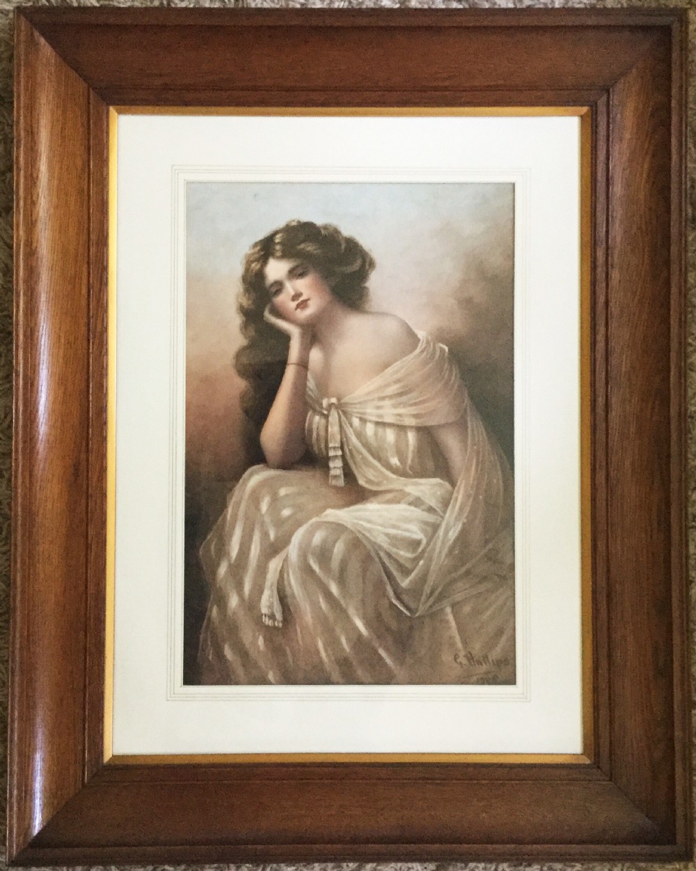 large watercolour portrait painting of young lady c1908