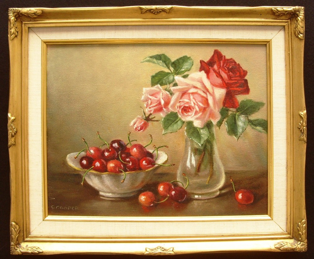 reserved still life oil painting cherries roses by constance cooper b1905