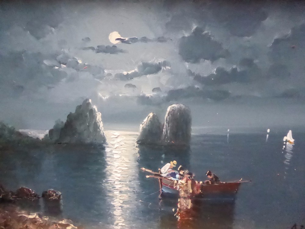 20thc moonlit seascape oil painting on board by accomplished artist iceburghs rowing boat pictures winter seascape marine art gilt canvas frame
