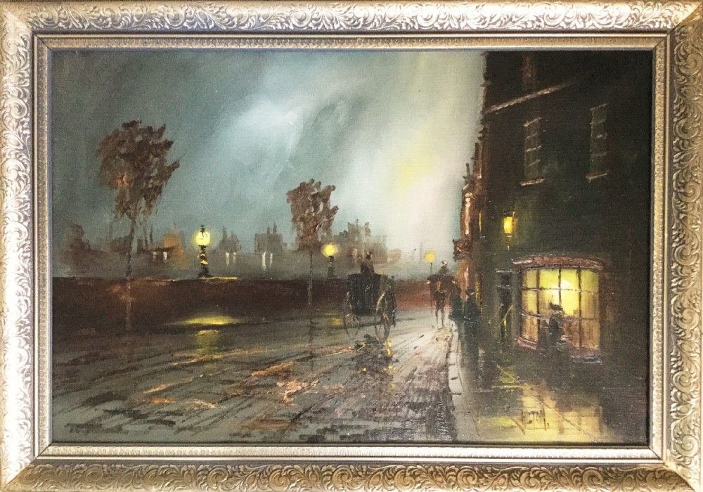 oil painting of moonlit victorian street scene near london bridge