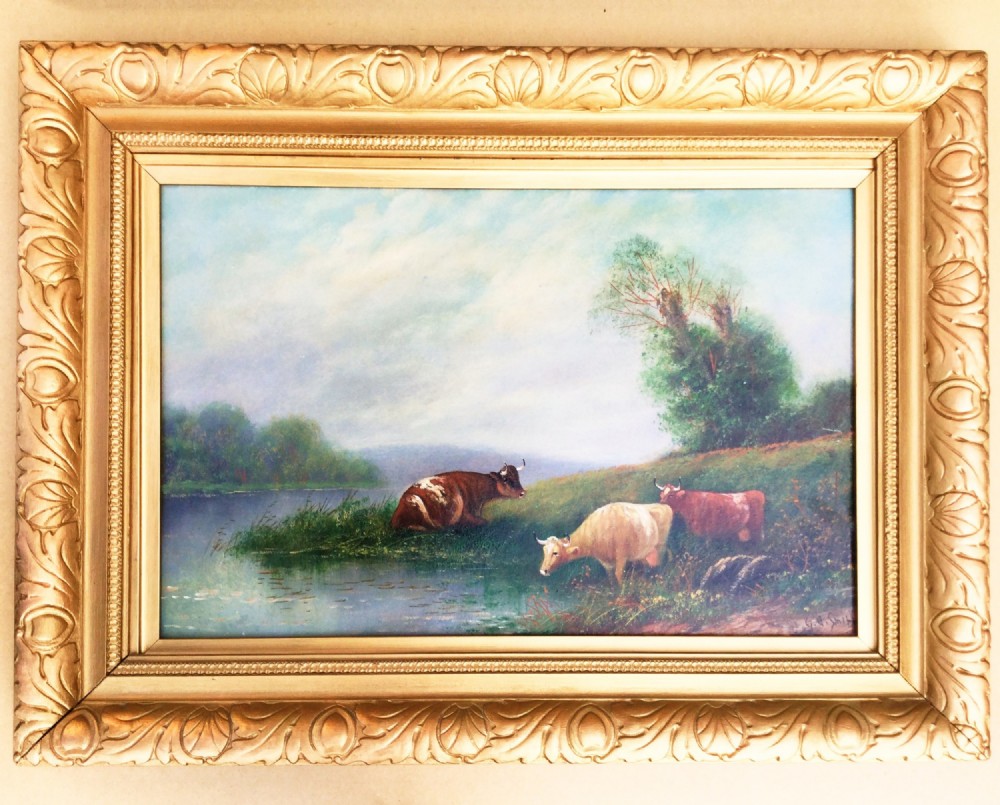 early 20thc cattle watering in a river landscape edwardian art antique oil paintings on board