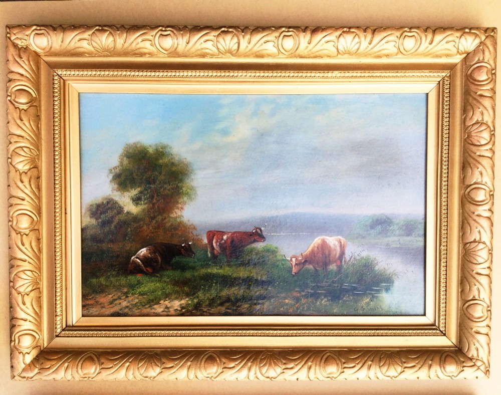 early 20thc cattle watering in a river landscape edwardian antique art oil paintings on board