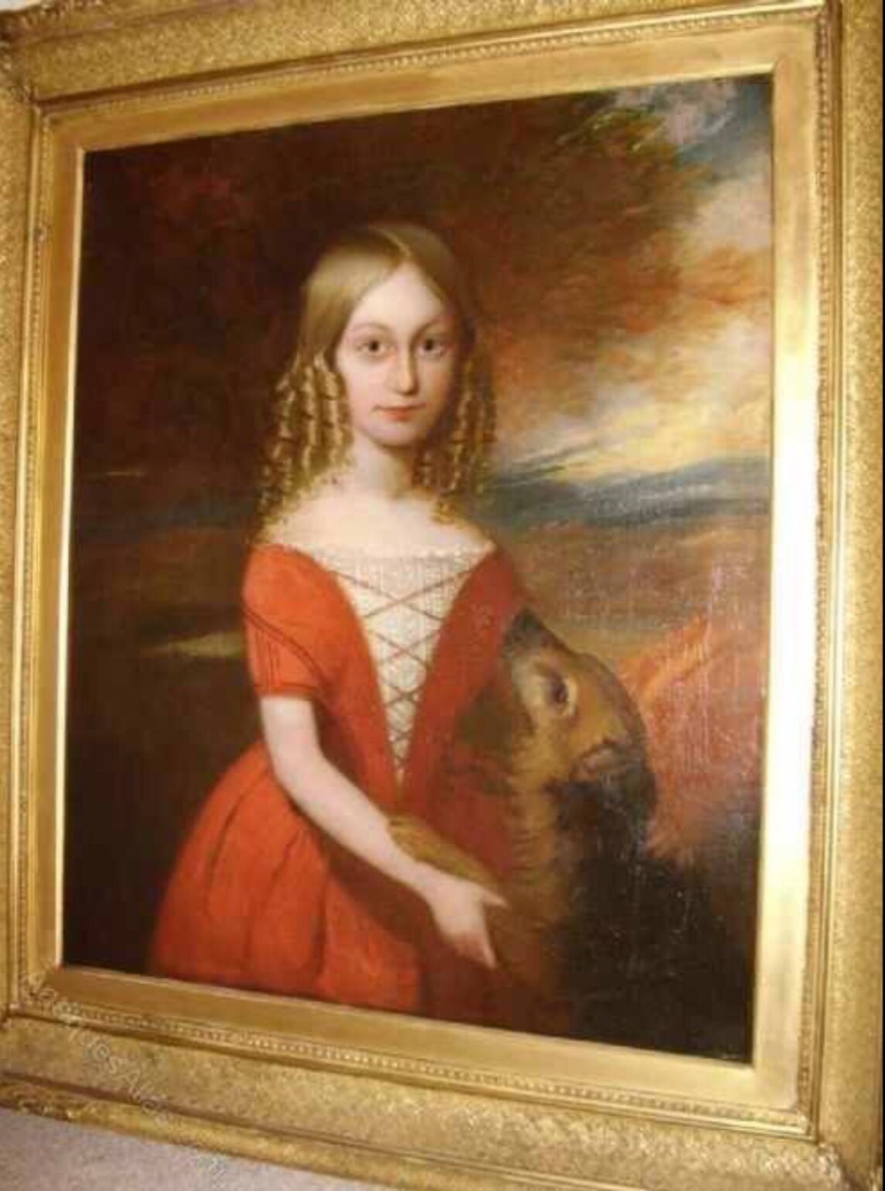 18thc oil portrait painting of young girl pet dog