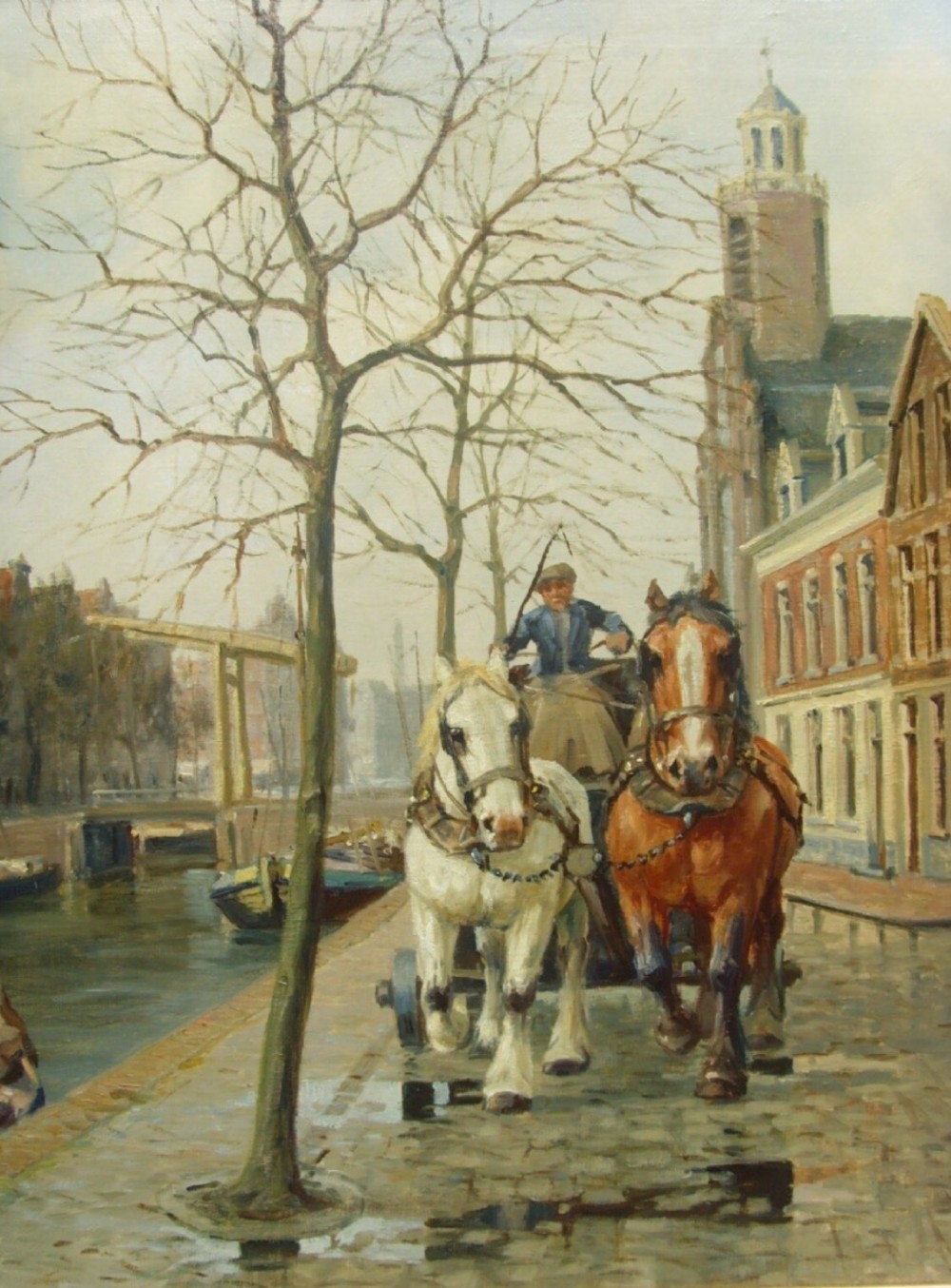 oil painting of amsterdam canal street scene cart horses galloping by henk welters 18851947