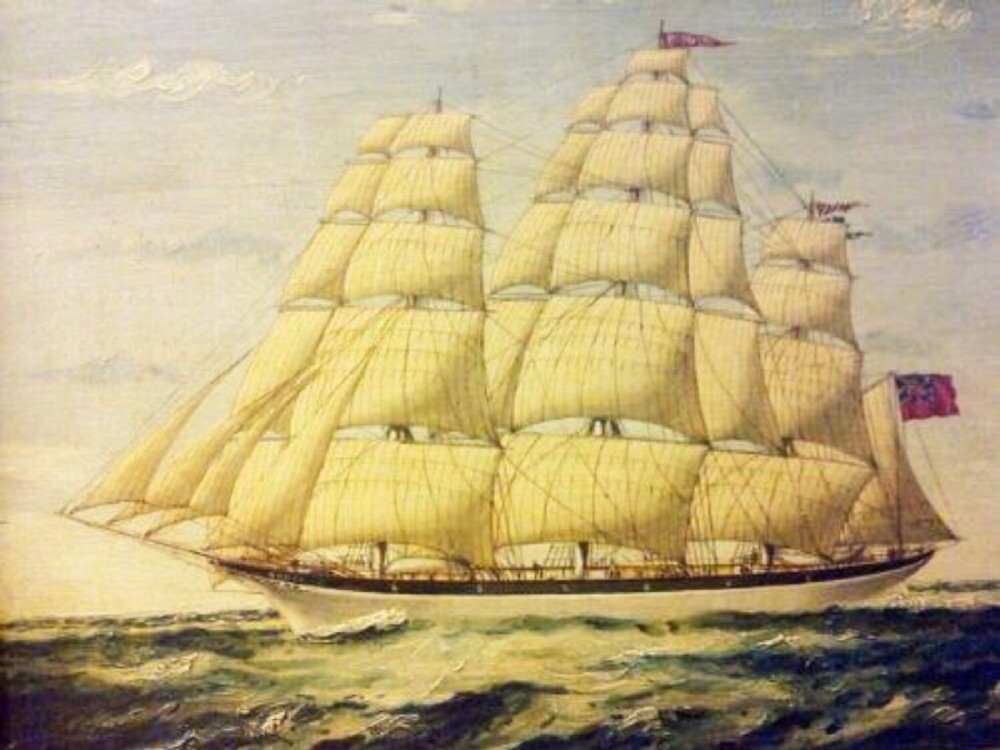 marine oil painting on panel of three masted merchant naval schooner named panay