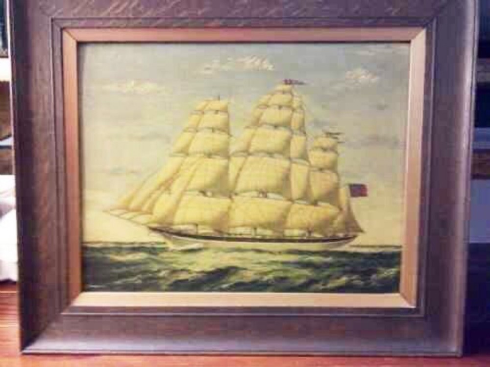 marine oil painting on panel of three masted merchant naval schooner named panay in choppy seas