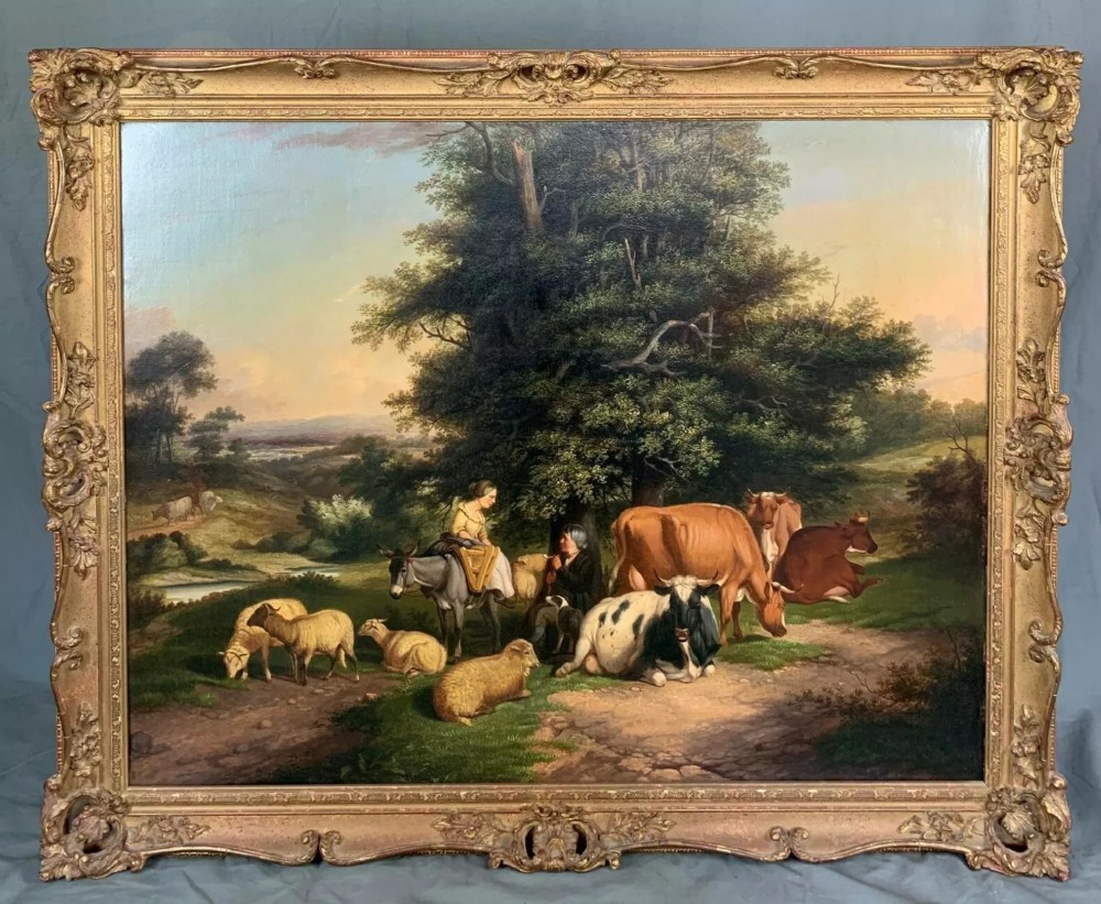 william shayer snr attribto 19thc oil painting cattle sheep resting in a landscape