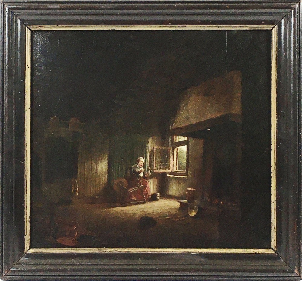 18th dutch oil on oak panel old lady spinner manner of quirijn van brekelenkamp interior scene portrait painting