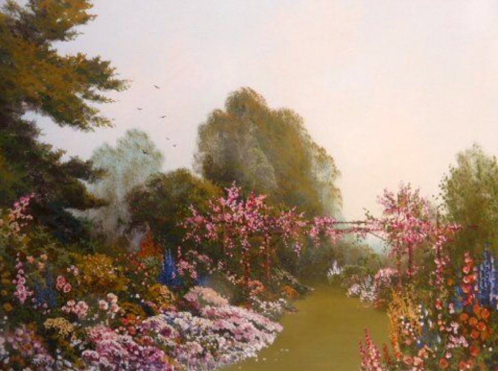 watercolour painting by reginald daniel sherrin flowers in a country garden
