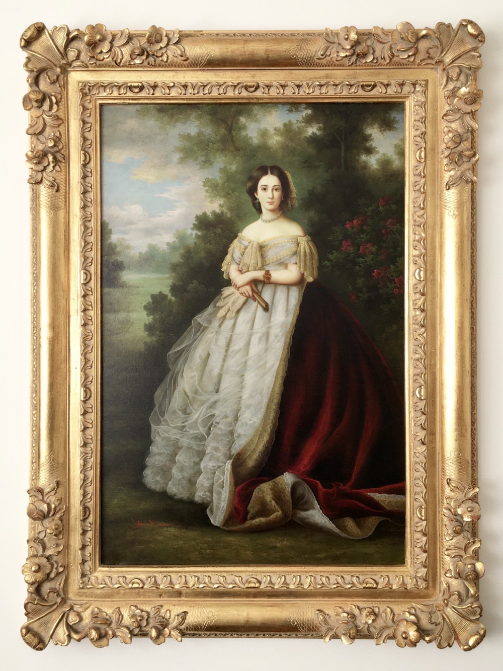 portrait of a lady after thomas gainsborough 17271788 embellished oileograph painting on canvas carved wooden gilt swept frame