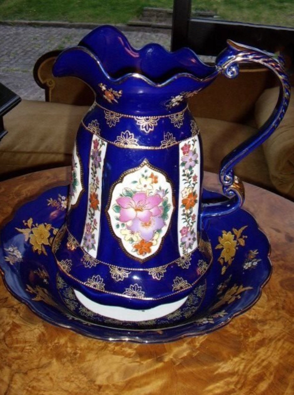 porcelain jug bowl set colbalt blue glaze