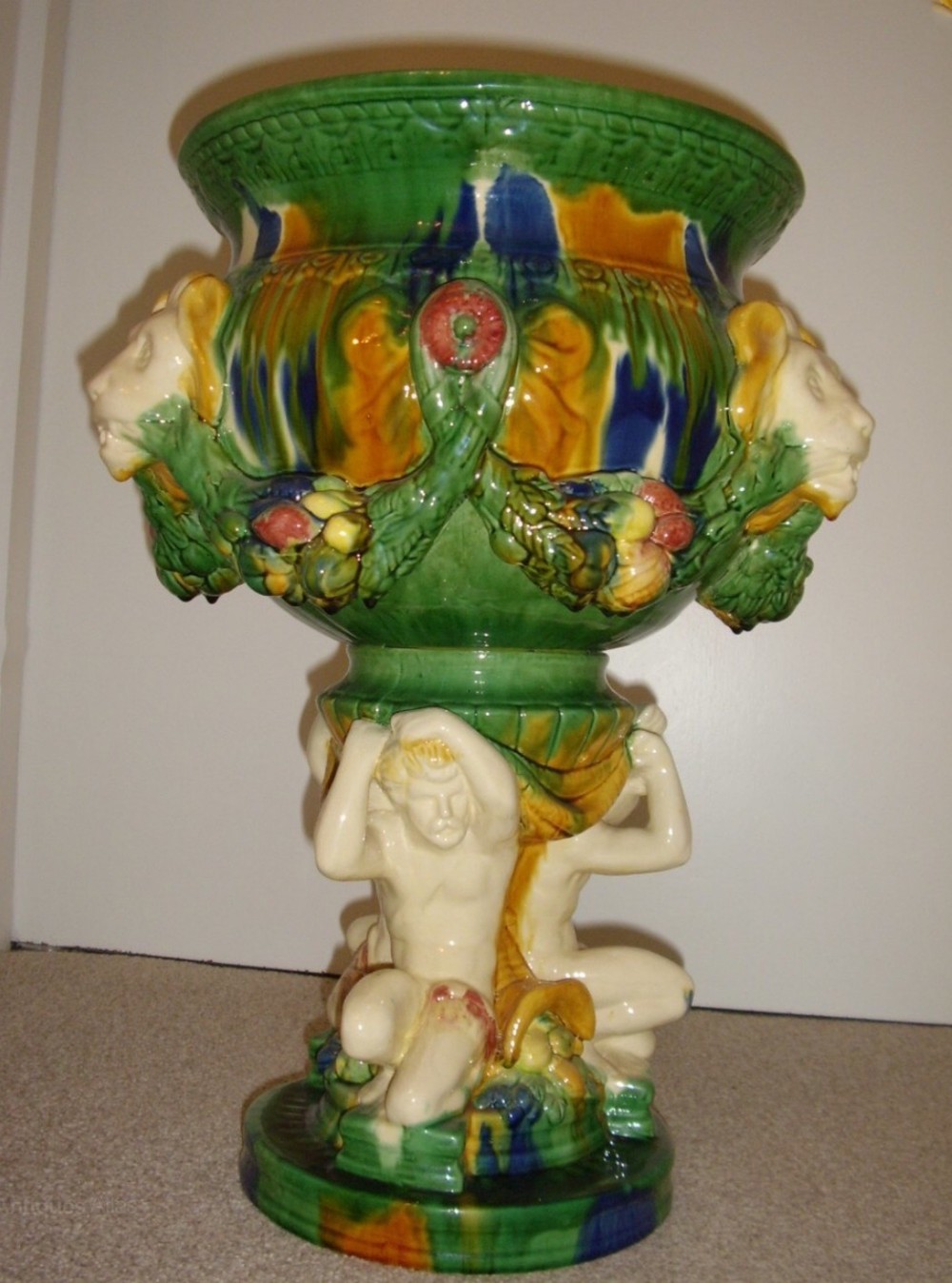 majolica style porcelain planter with figures 22 inches high