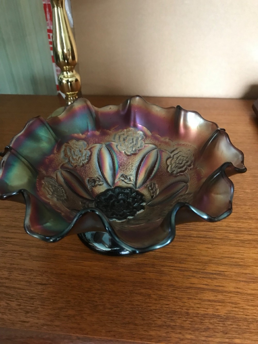 amethyst dugan iridescent carnival glass bowl double stem