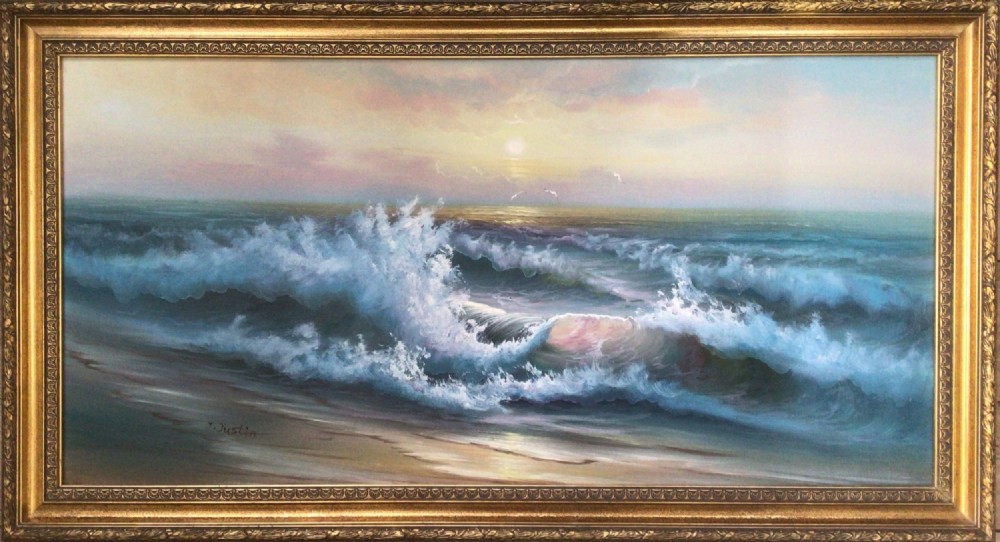 seascape beach sunset oil portrait painting of waves along seashore coastline