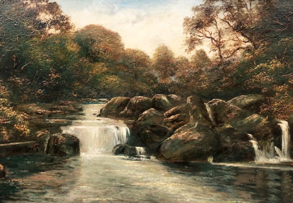 waterfall oil painting river landscape portrait of stream and boulders