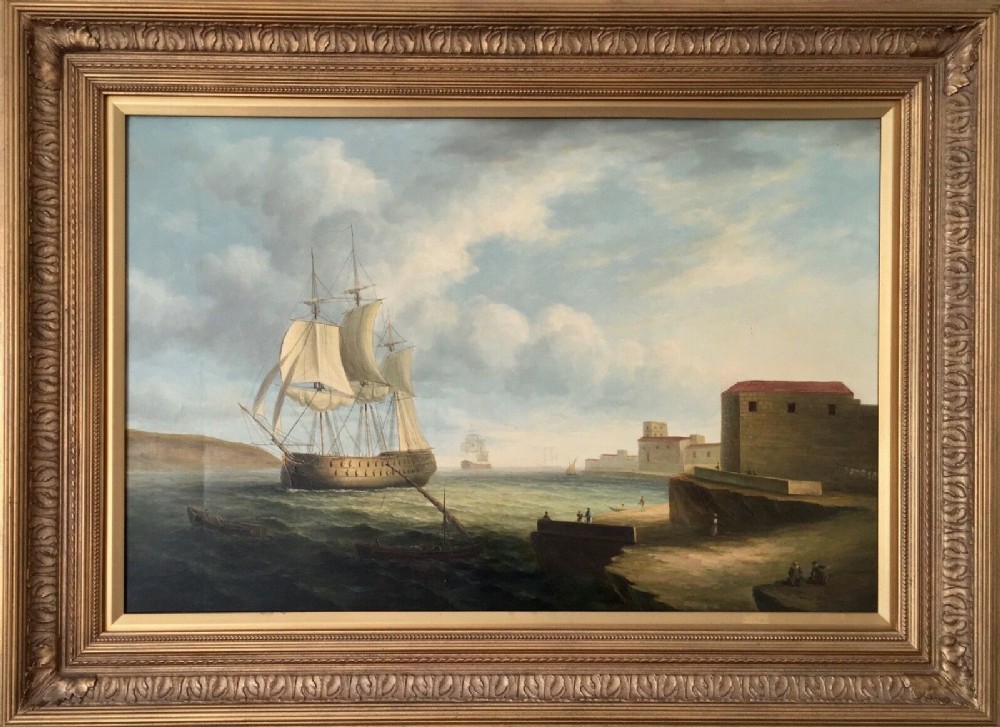 james hardy galleon warship anchored off valletta harbour malta 19th manner marine oil portrait painting on panel