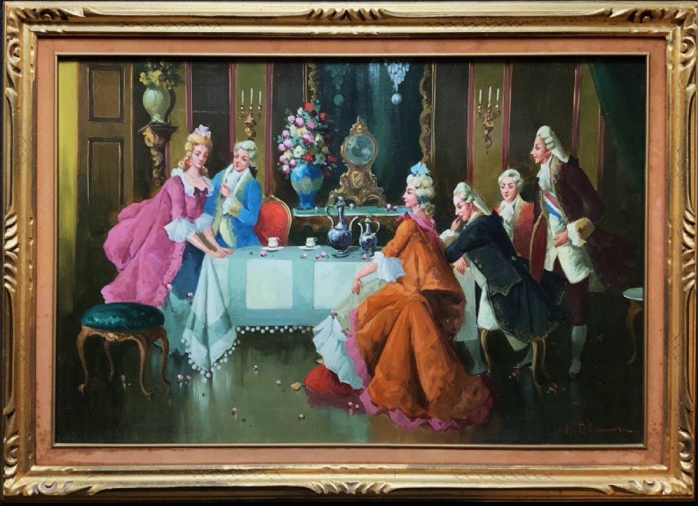 genre figurative oil portrait painting courtiers taking afternoon tea versailles interior scene paris rococo manner art
