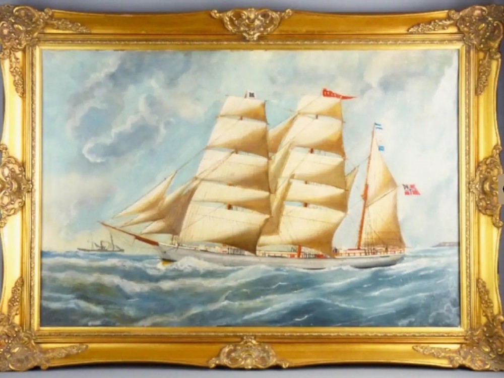 three masted schooner named pronto norwegian wooden barque sailing ship paintings maritime oil portraits