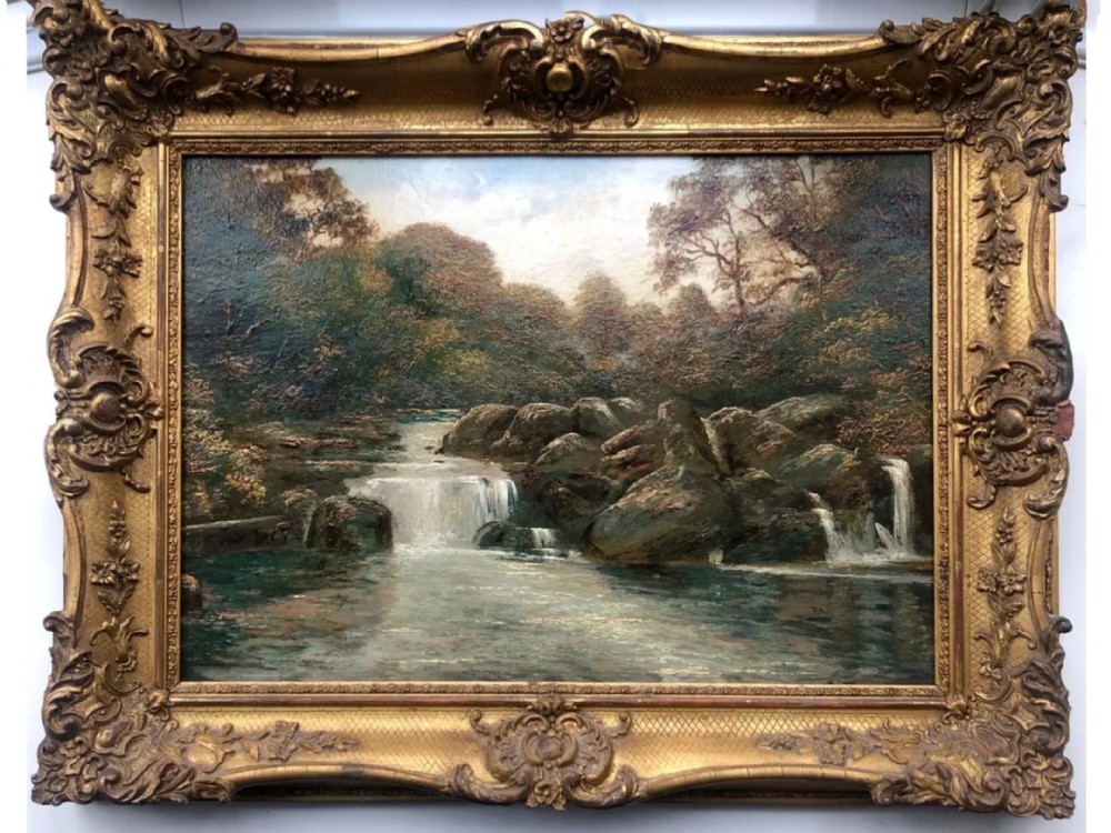 19th landscape oil painting waterfall portrait of river stream and boulders