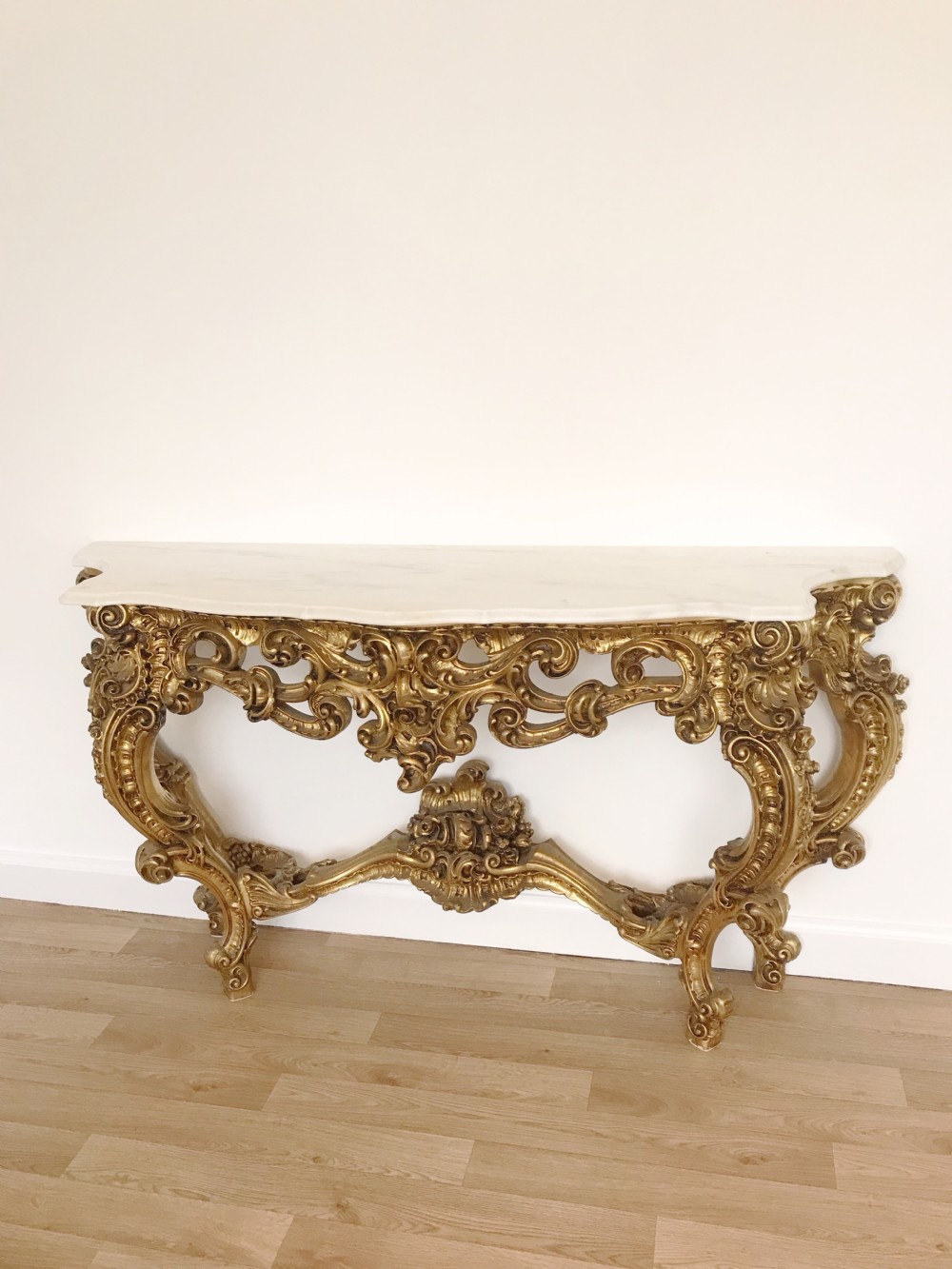 huge rococo gilt wooden carved console table white carrara marble top