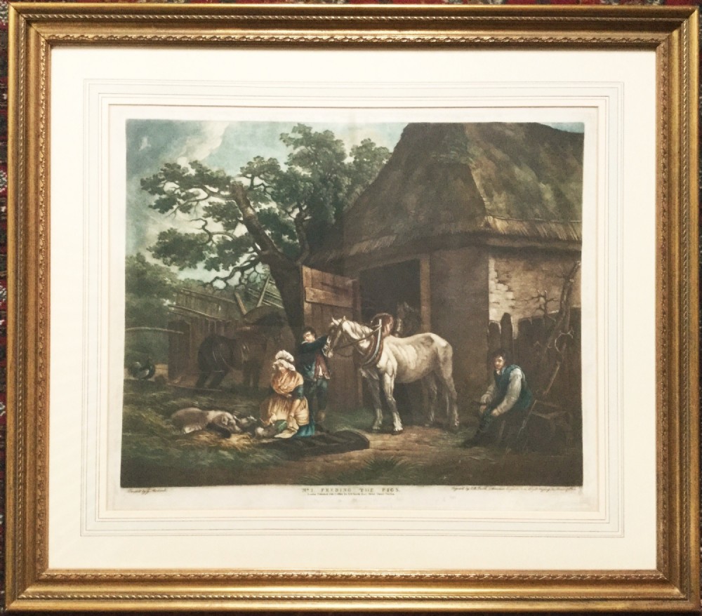 george morland coloured mezzotint feeding the pigs engraved by irsmith