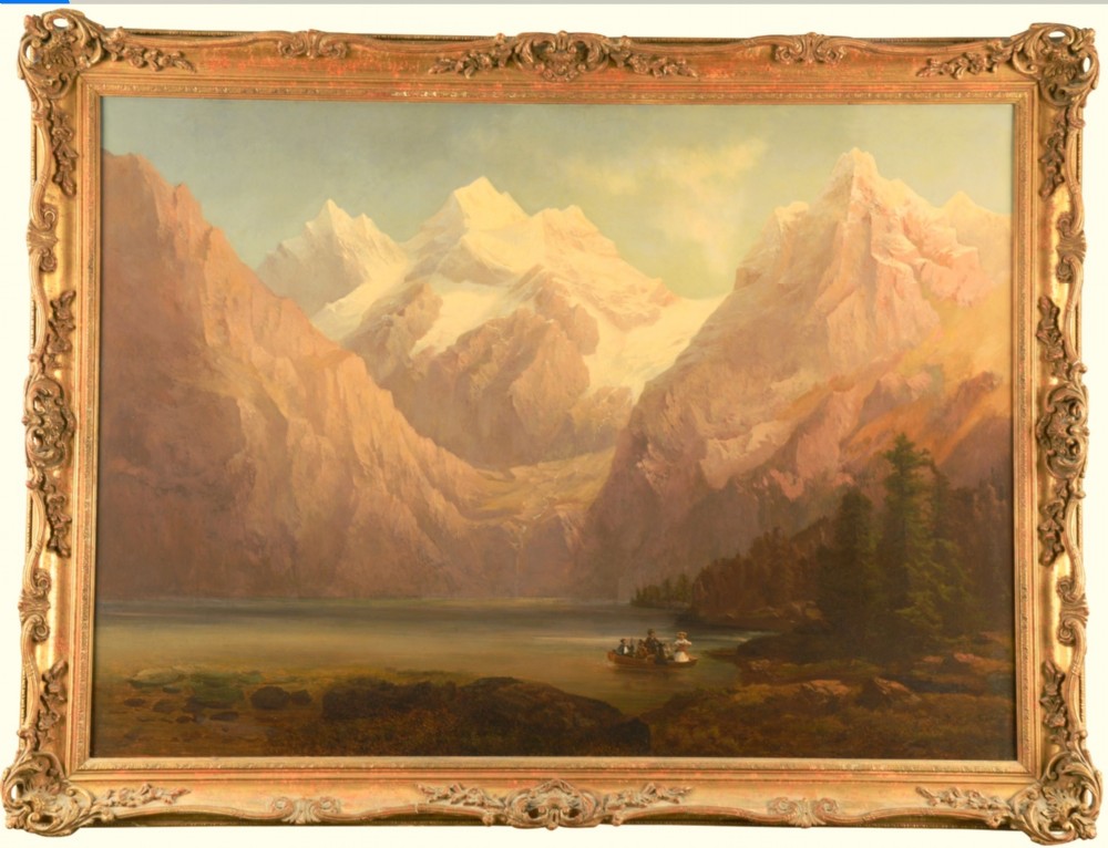 austrian alps landscape oil portrait painting mountains and lake salzkammergut region east of salzburg