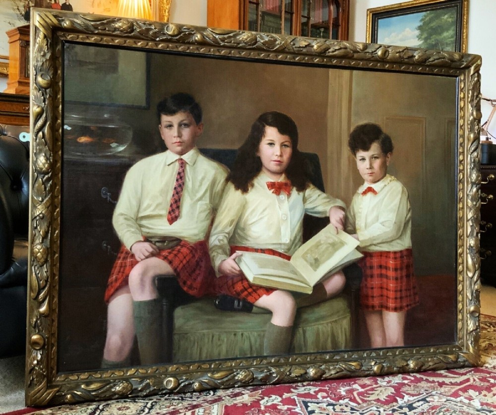 large antique scottish highland family oil portrait painting of children wearing kilts