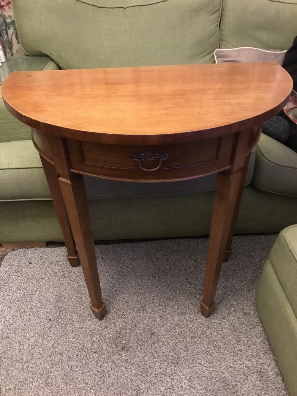 demi lune side table edwardian light mahogany french polished spade feet and drawer