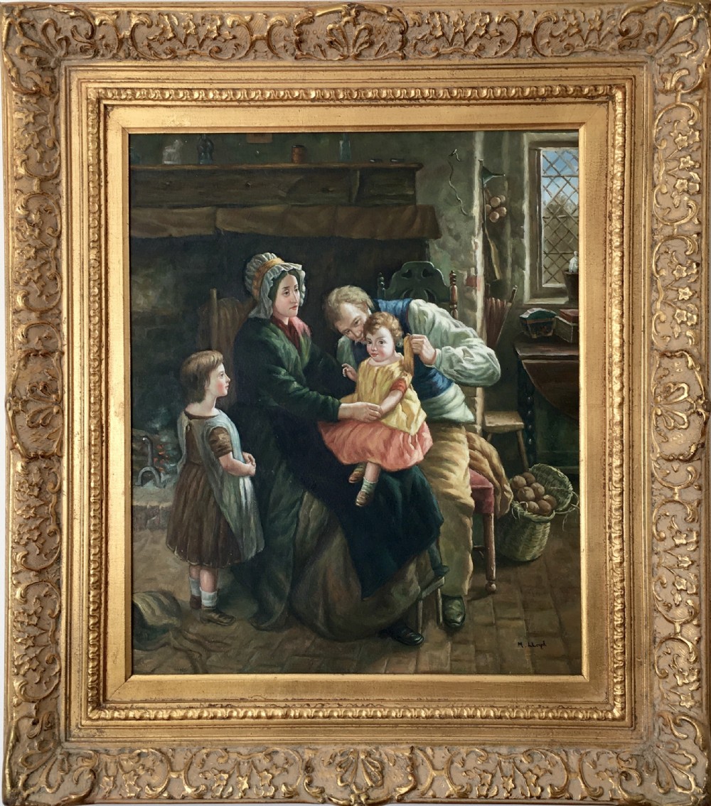 19th manner interior family scene after william henry knight oil portrait painting