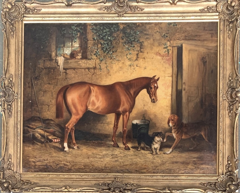 henry barraud chestnut bay hunter by stable 19th equine oil paintings horse dog portraits