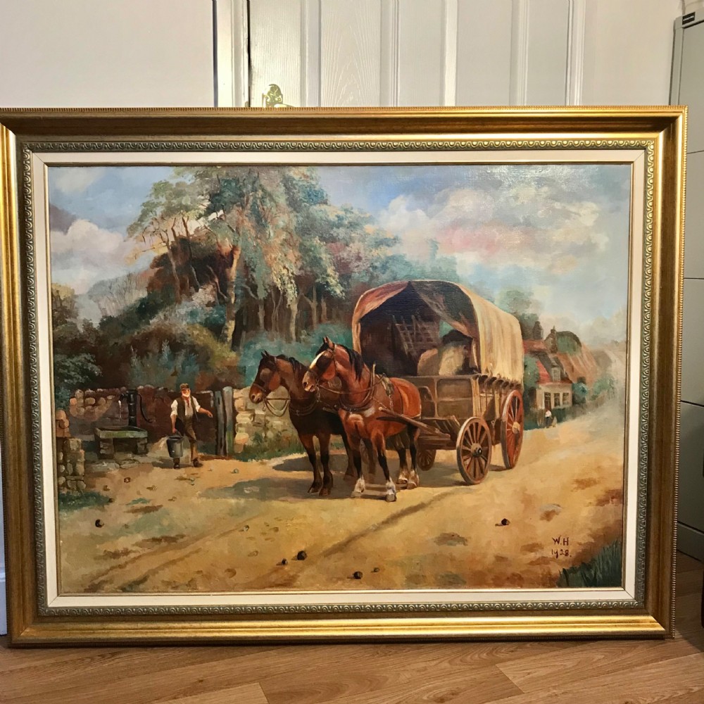 hay wagon horses irish rural landscape oil paintings equine village life portraits