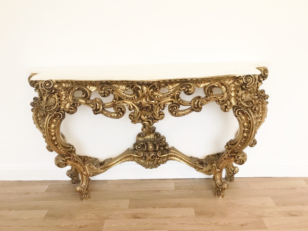 huge console side table rococo gilt carved wood white carrara marble top