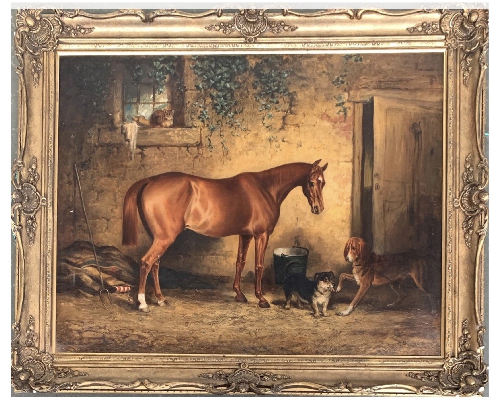 chestnut bay hunter stable interior signed henry barraud 19th equine oil paintings horse dog portraits