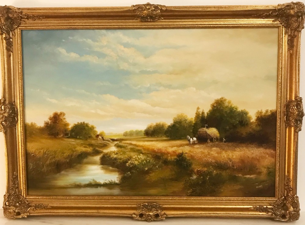 river landscape painting east bergholt suffolk harvesting hay countryside oil portrait of hay cart