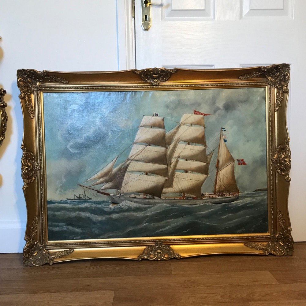 norwegian wooden barque sailing ship three masted schooner 19th historical marine oil painting
